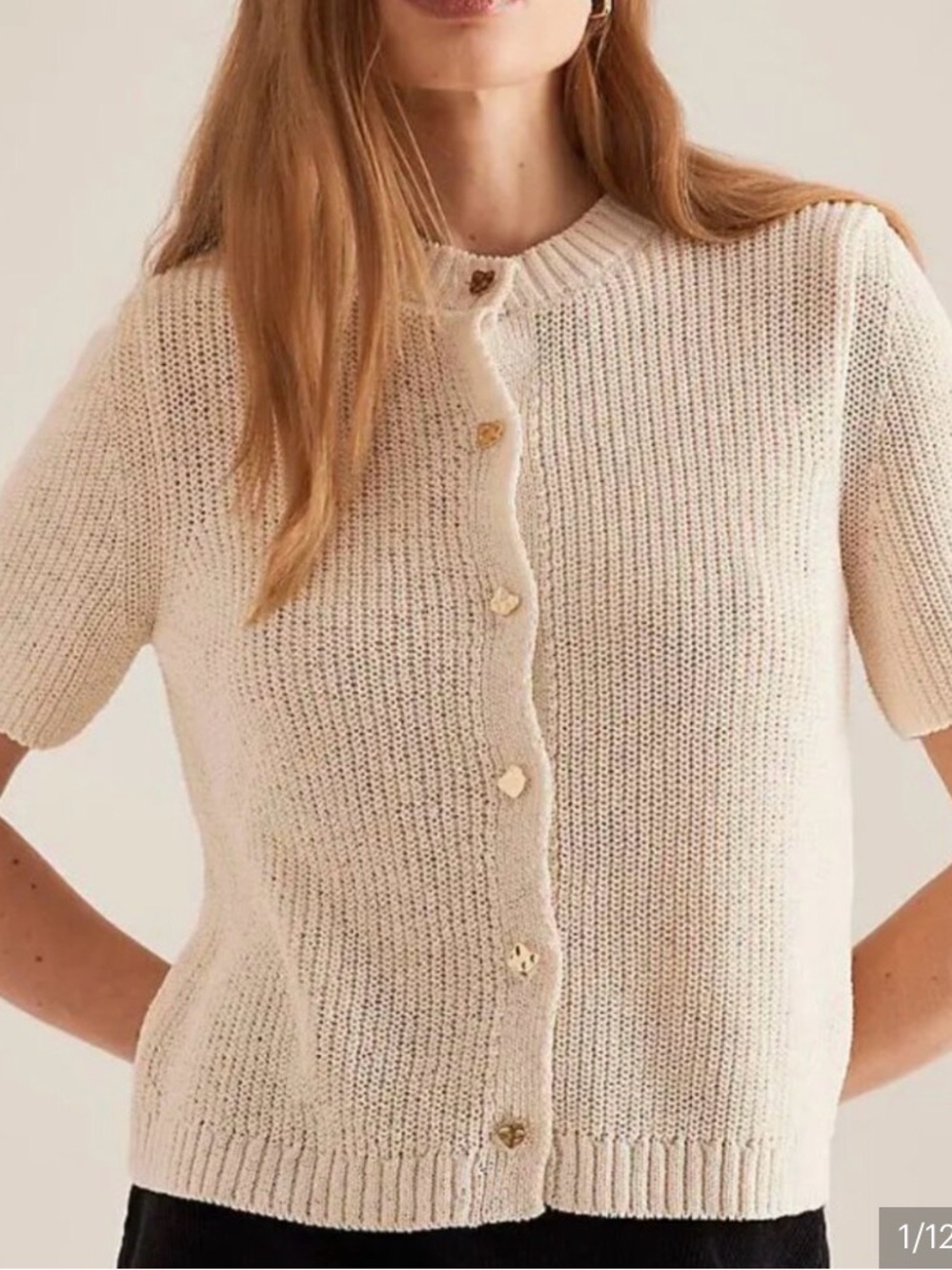 Maeve Cream Knit Short Sleeve Cardigan Gold Button Front Parisian Chic Top S